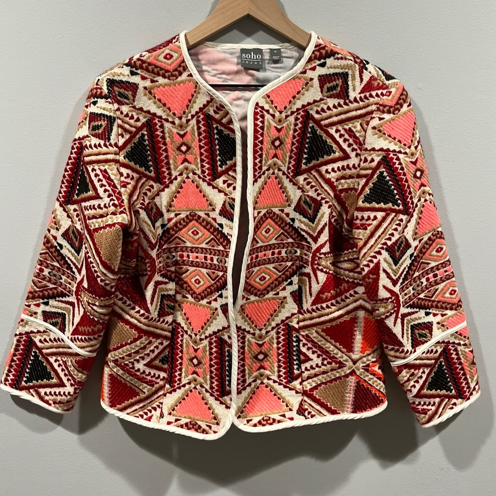 SOHO New York & Co‎ Women’s XL Blazer Pink Multicolor Embroidered Open Front